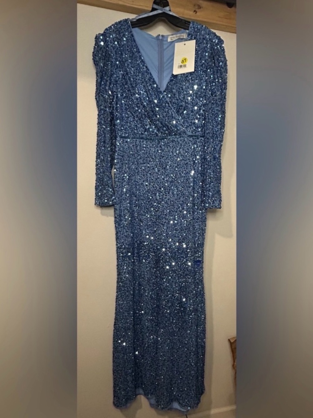 Mac Duggal Blue Sequin Long Sleeve V-Neck Gown - Picture 5 of 8